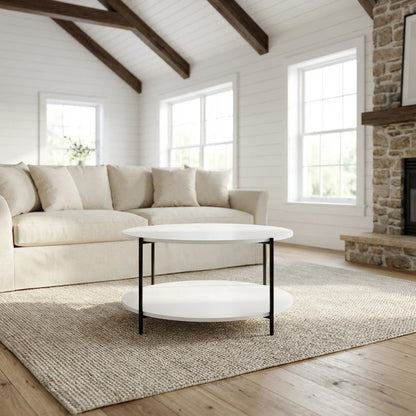 White 2-Tier Round Coffee Table with Metal Legs and Sturdy Frame for Living Room