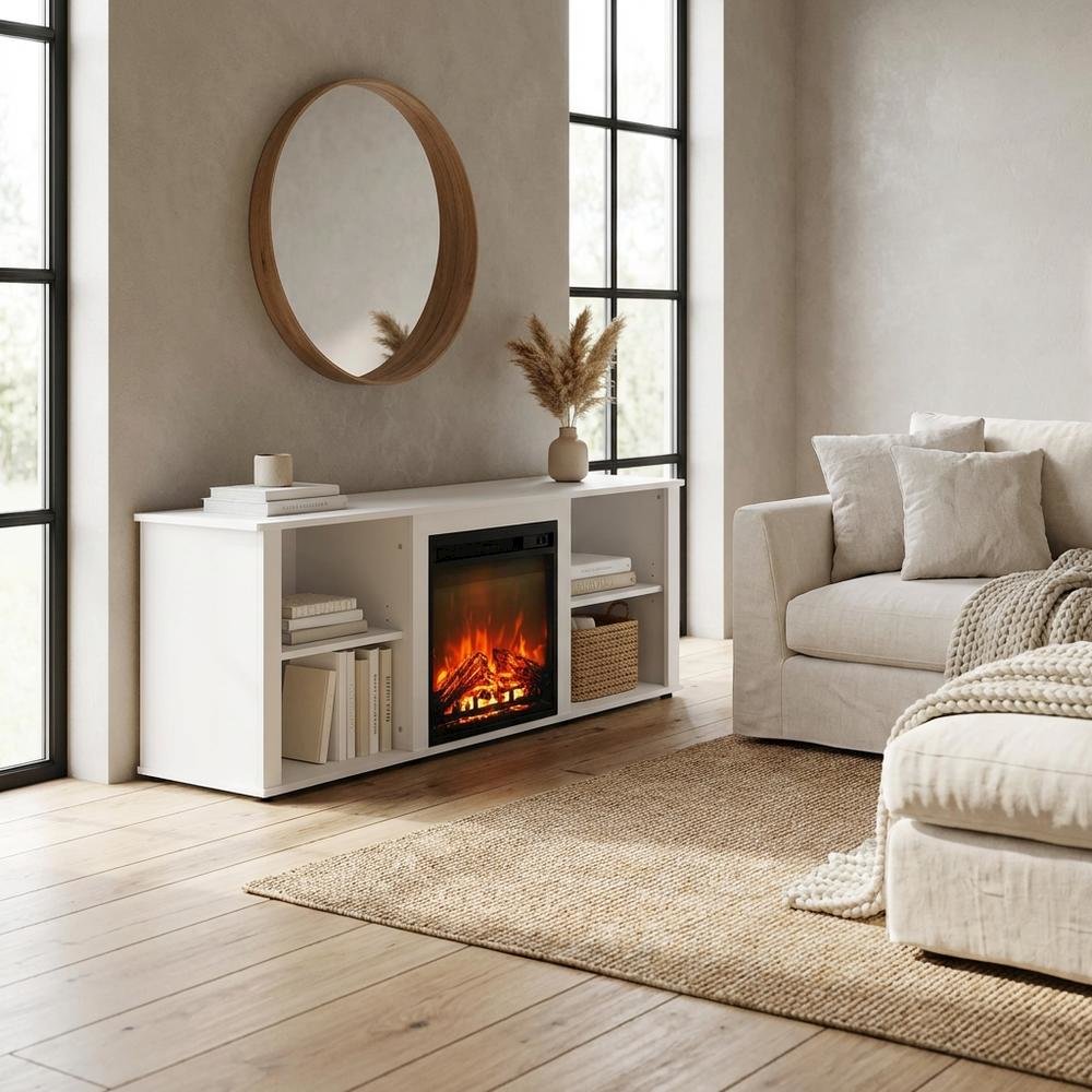 Solid White TV Stand with Fireplace and Engineered Wood Construction