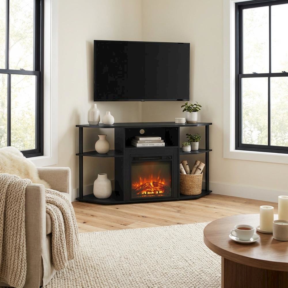 Open storage corner fireplace TV stand, 55-inch TVs, Engineered Wood