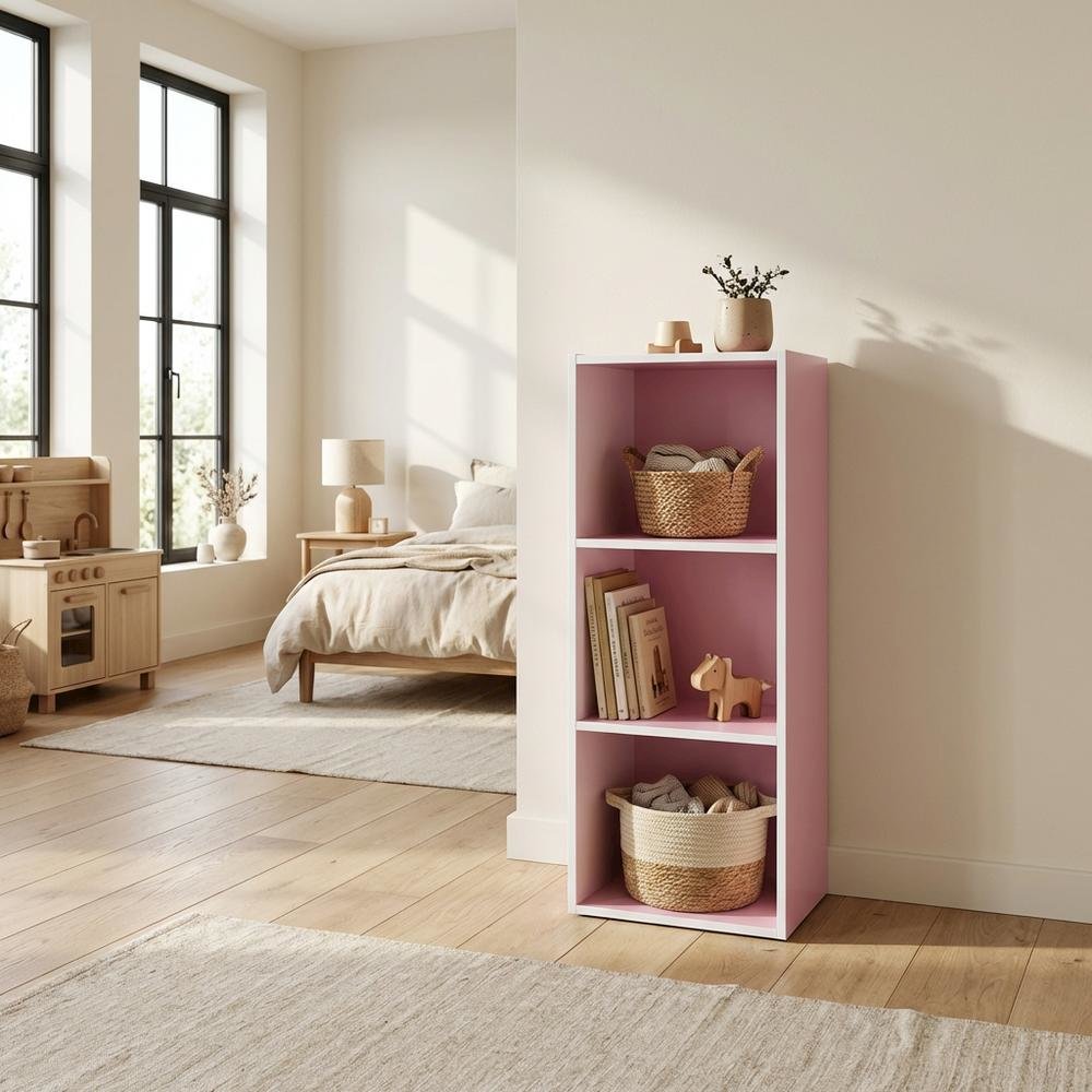 White and Pink 3-Tier Open Shelf Bookcase with Modern Storage Design