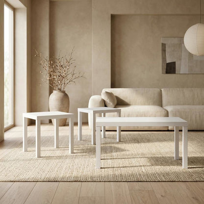 White Rectangle Coffee Table with 2 Side Tables, 1.8-Inch Thick Top, 3-Piece Set