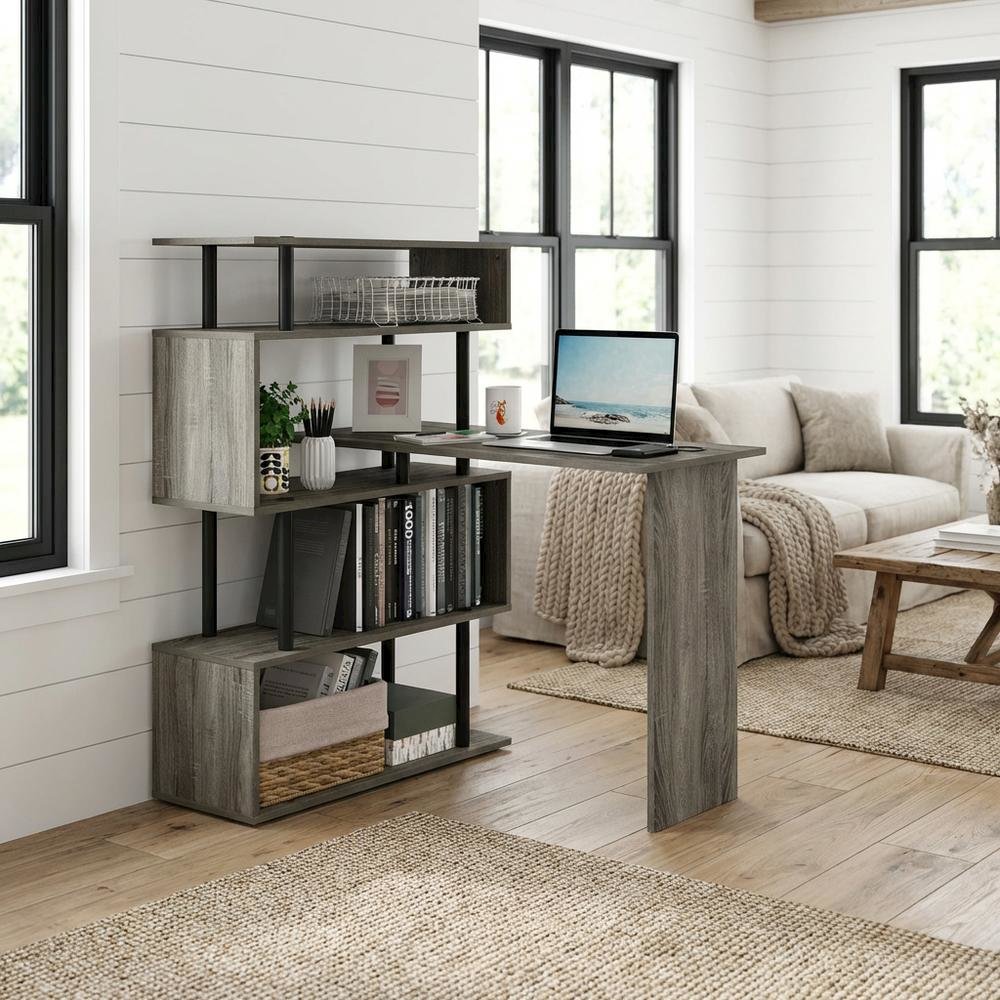 L-Shaped Computer Desk - 5-Tiers, French Oak, Black finish, sturdy workspace