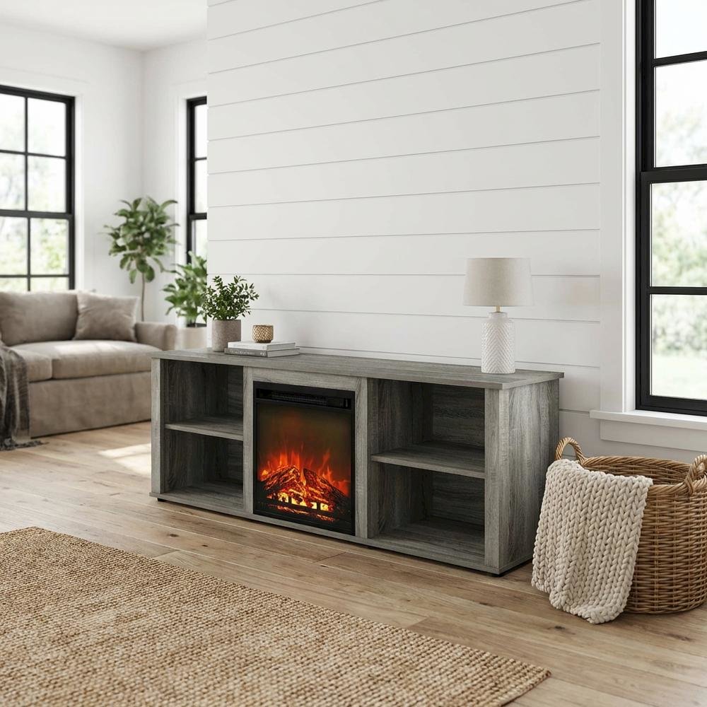 Engineered Wood TV stand with fireplace in French Oak Grey for modern living