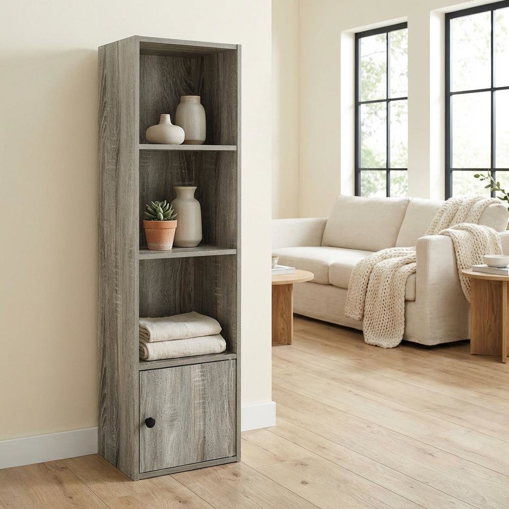 Engineered Wood 4-Tier Shelf Bookcase with Door Storage in French Oak Finish