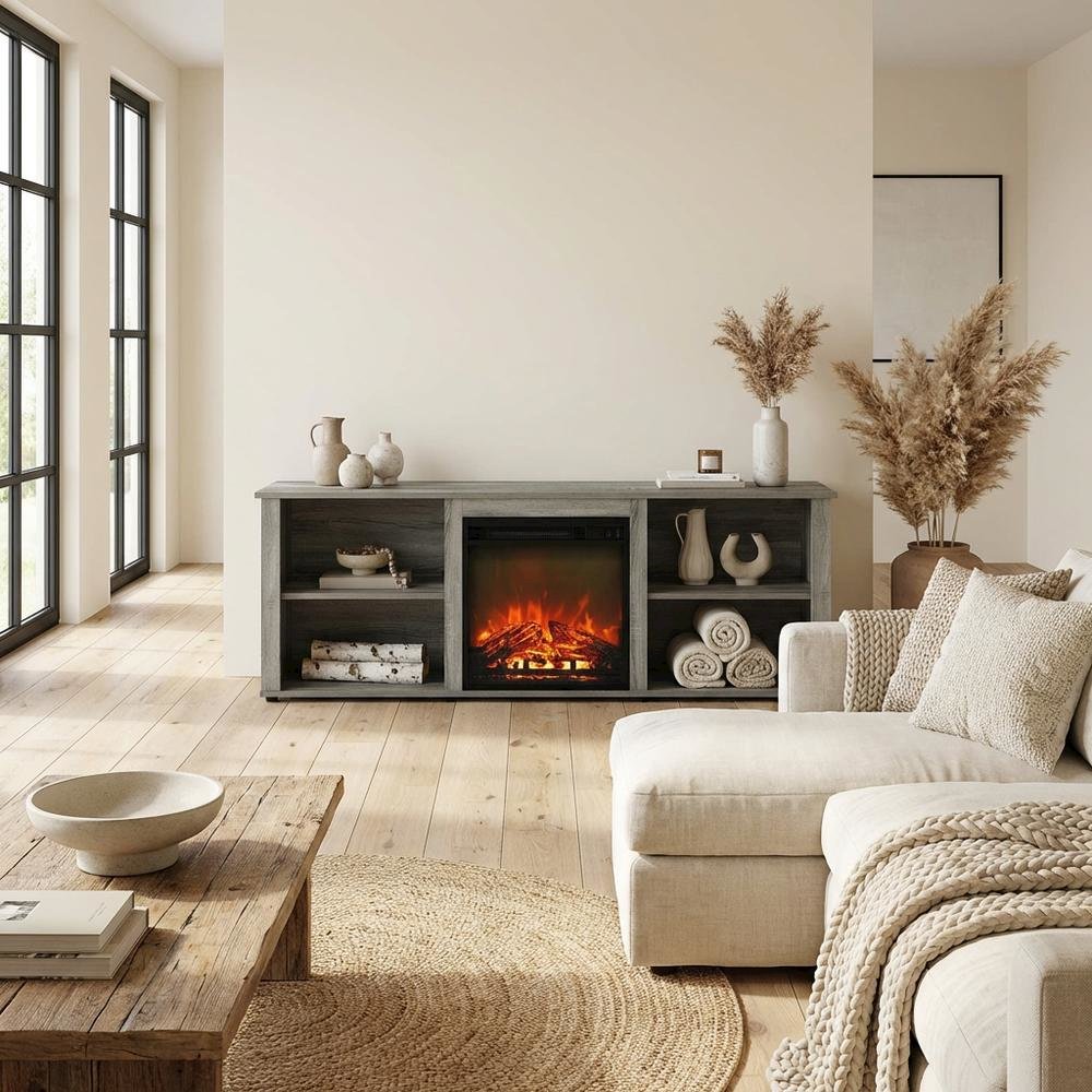 Engineered Wood TV stand with fireplace in French Oak Grey for modern living