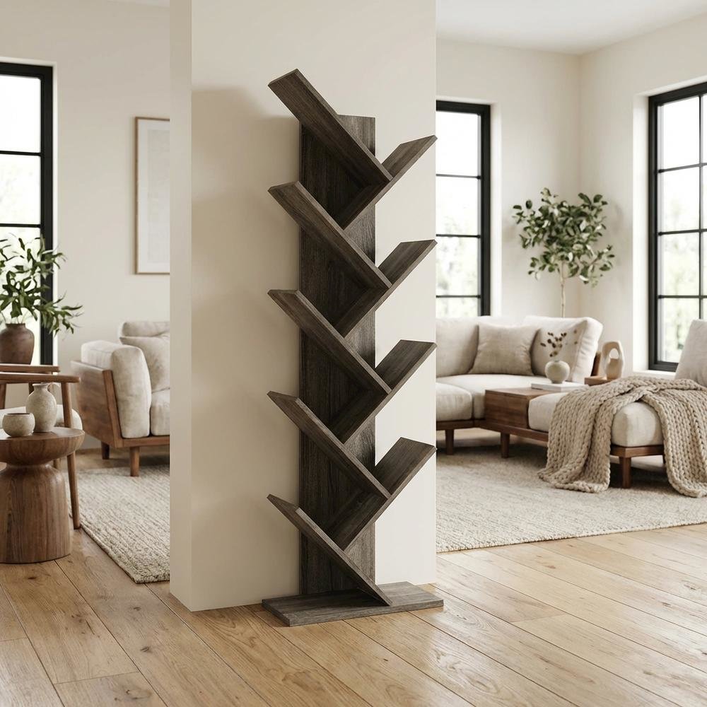 Engineered Wood 9-Tier Bookcase with French Oak Finish for Living Room Storage