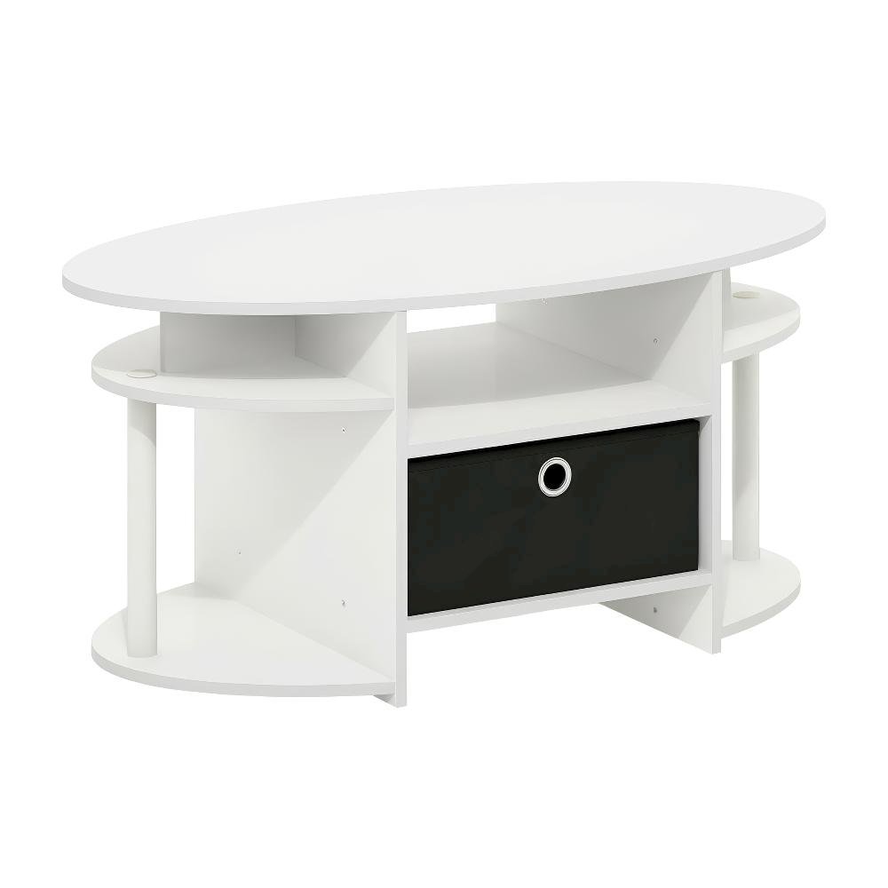 White Oval Coffee Table with Storage Bin and Modern Minimalist Design