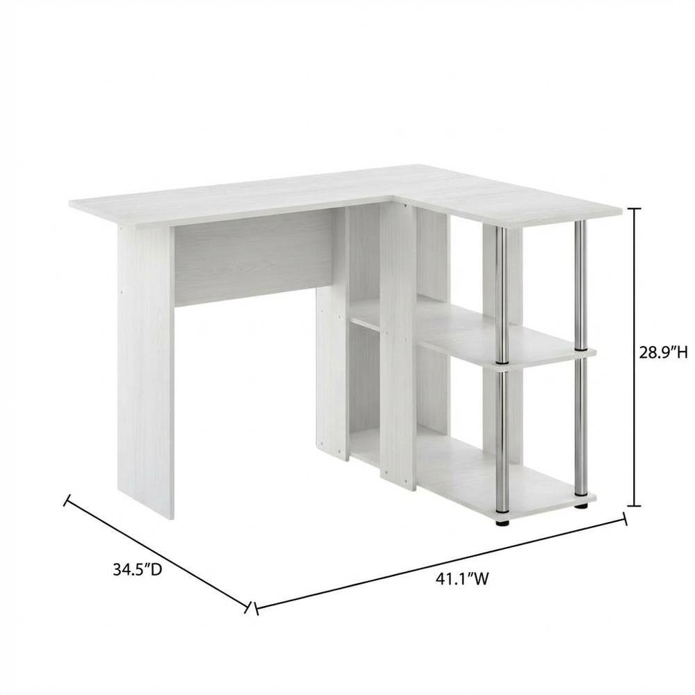 White Oak L-Shape Desk, Bookshelf And Stainless Steel Tubes For Office Spaces