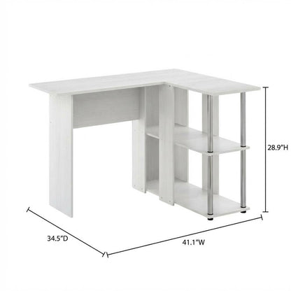 White Oak L-Shape Desk, Bookshelf And Stainless Steel Tubes For Office Spaces