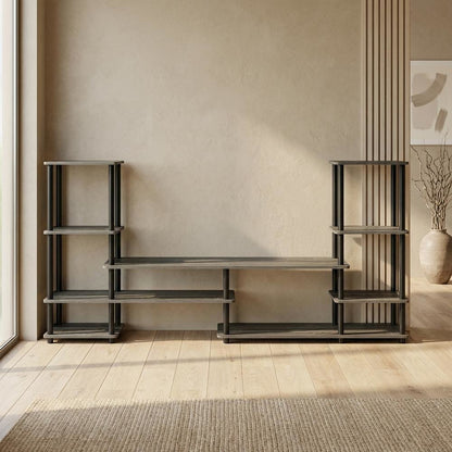 Modern Entertainment Center in French Oak Grey and Black with Spacious Storage