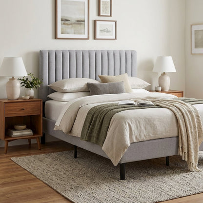 Light Grey Tufted Upholstered Queen Headboard with Cushioned Backrest