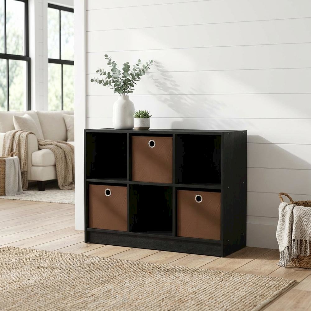 3x2 Engineered Wood Bookcase with Bins in Medium Brown for Organized Storage
