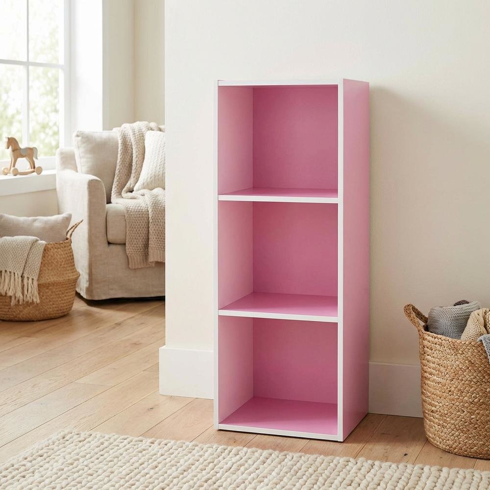 White and Pink 3-Tier Open Shelf Bookcase with Modern Storage Design
