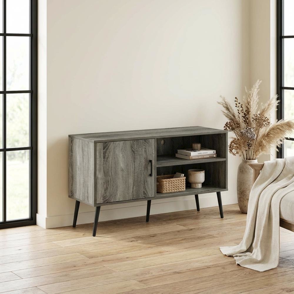 Mid Century Style TV Stand, Engineered Wood Legs, French Oak Grey Finish