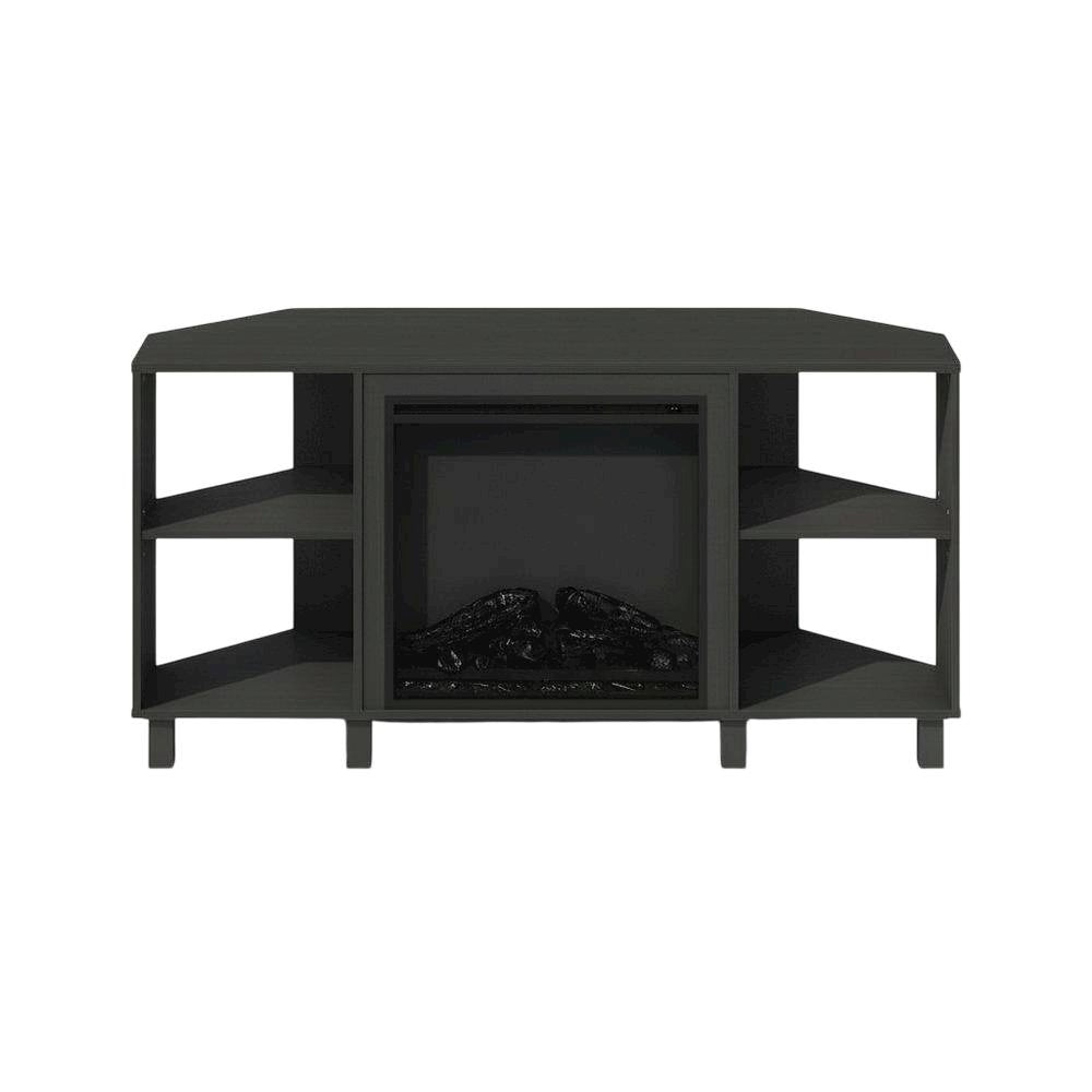 Brown electric fireplace corner TV stand with storage and media center features