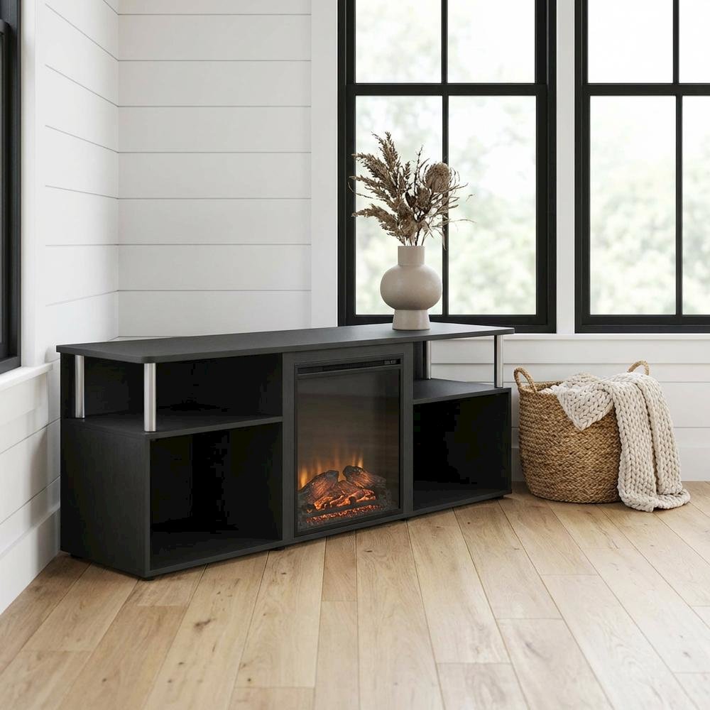 Brown electric fireplace corner TV stand, up to 70-inch screen, rubberwood