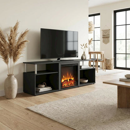 Brown electric fireplace corner TV stand, up to 70-inch screen, rubberwood