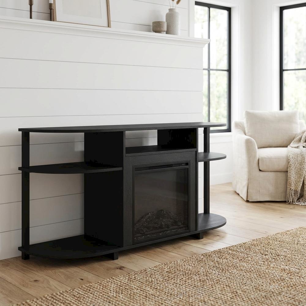 Fireplace TV Stand with Rubberwood and Walnut Veneers for 55 Inch TVs