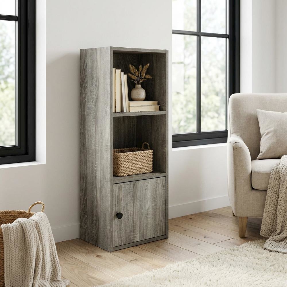 Engineered Wood 3-Tier Shelf Bookcase with Door Storage in French Oak Finish
