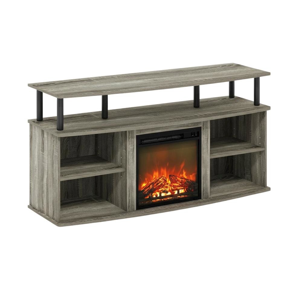 Gray open shelving TV stand, 55-inch displays, solid rubberwood