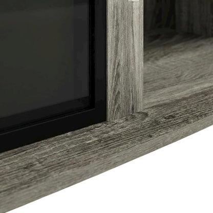 Gray open shelving TV stand, 55-inch displays, solid rubberwood