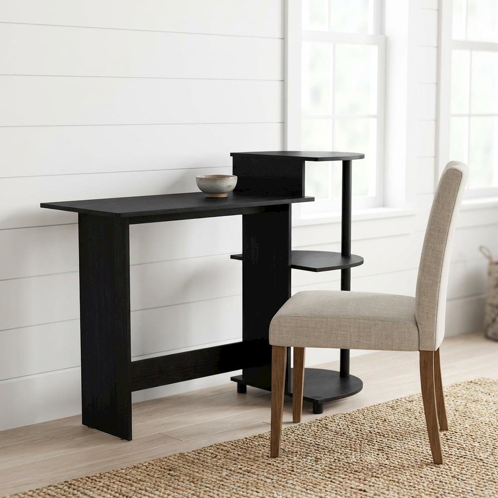 Compact Americano/Black Computer Desk With Shelves For Office Use