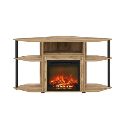 Black open storage corner fireplace TV stand, spacious shelves, 55-inch screens