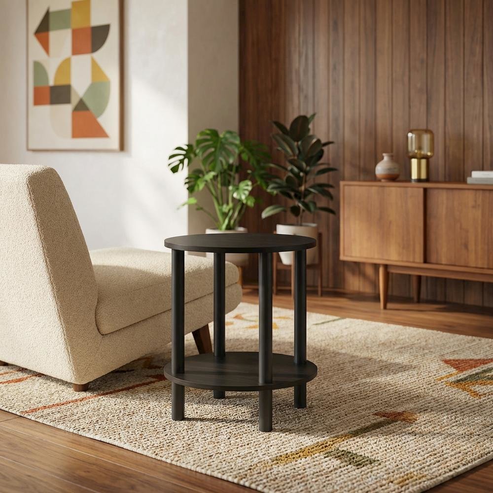 Round Engineered Wood End Table with Espresso and Black Finish