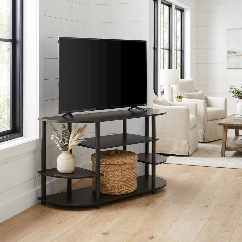 Black corner TV stand, simple design, composite wood, PVC construction