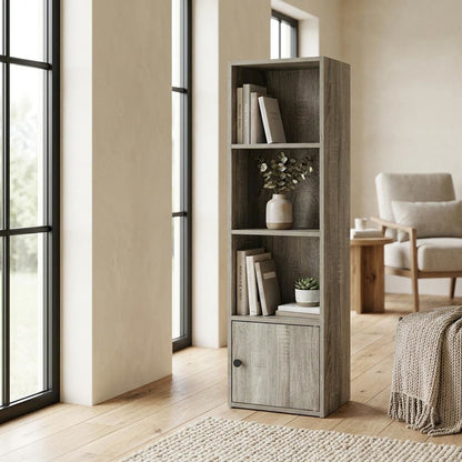 Engineered Wood 4-Tier Shelf Bookcase with Door Storage in French Oak Finish