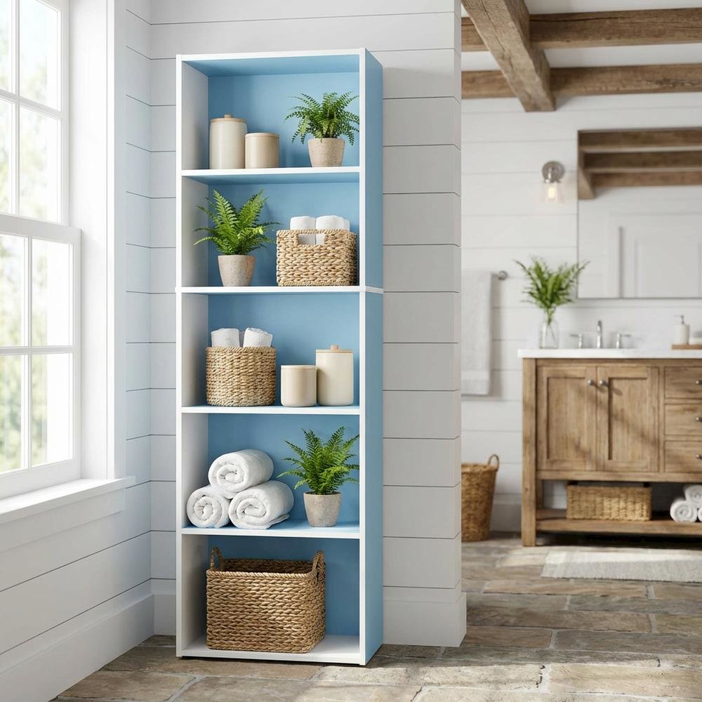 White and Light Blue 5-Tier Reversible Open Shelf Bookcase, Adjustable Shelves