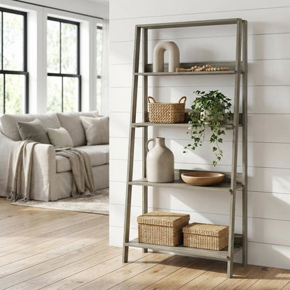 Engineered Wood 5-Tier Ladder Bookcase with French Oak Finish for Home Storage