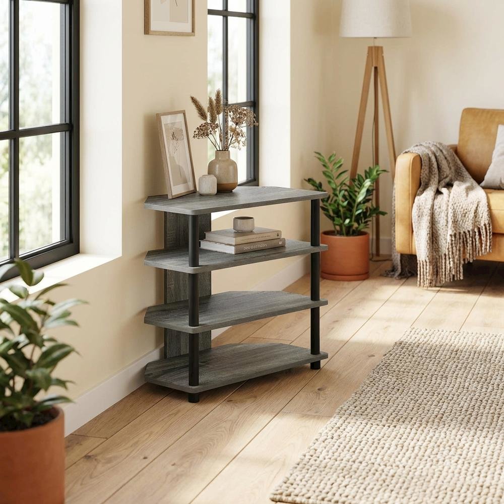 Engineered Wood TV stand, French Oak Grey, Black finish, 4-Tier Storage
