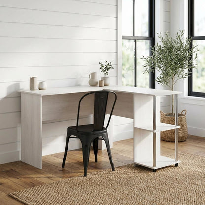 L-Shape Desk, Stainless Steel Tubes And White Oak Finish For Modern Workspaces