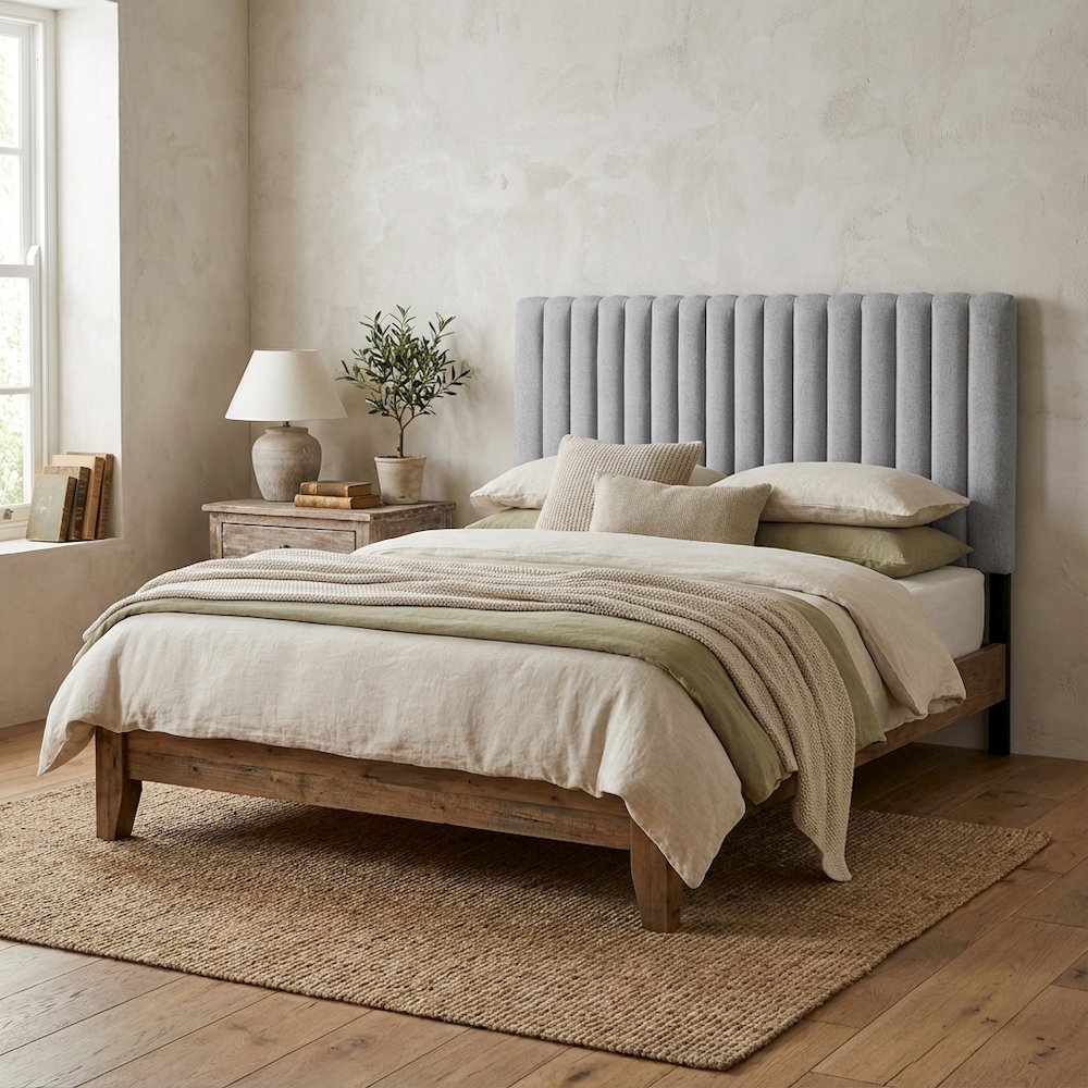 Light Grey Tufted Upholstered Queen Headboard with Cushioned Backrest