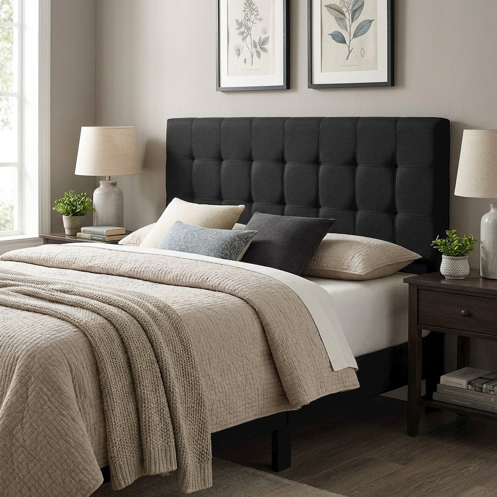 Plain Black Upholstered Tufted Headboard King Size with Durable Fabric Finish