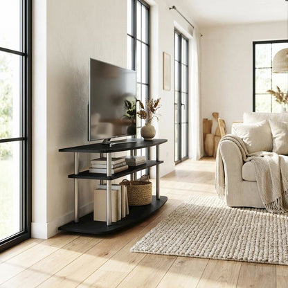 Engineered Wood TV stand in black oak finish, 3-tier open shelves