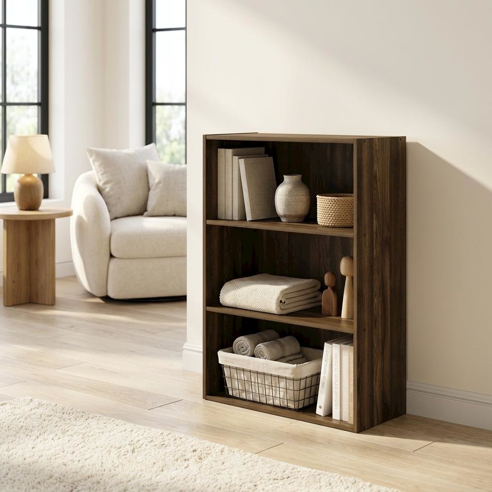 3-Tier Open Shelf Bookcase in Columbia Walnut Engineered Wood for Storage