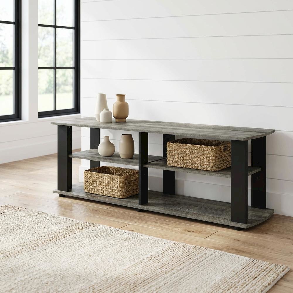 Black and French Oak TV Stand with Composite Wood Construction for Living Room