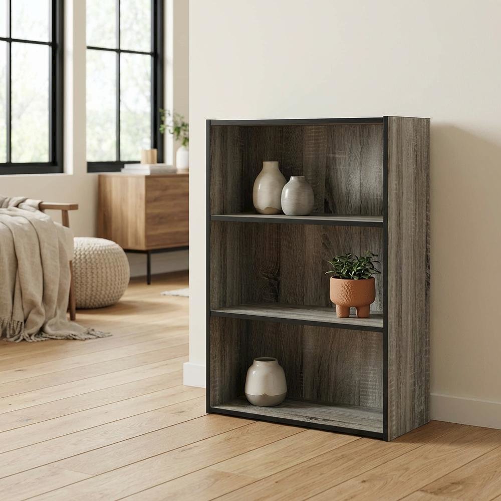 3 Tier Open Shelf Bookcase with French Oak Grey Finish for Contemporary Storage
