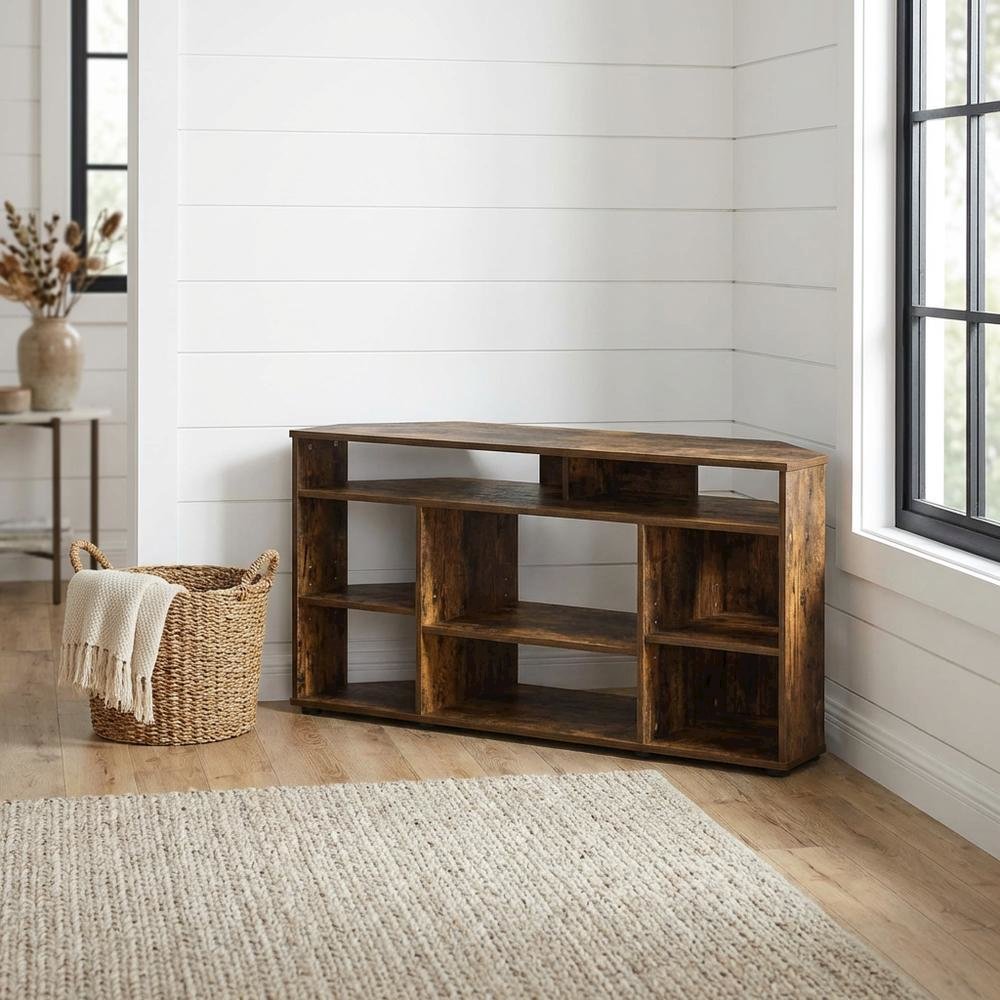 Gold Corner TV Stand for Up to 55-Inch Screens, Rubberwood & Walnut Veneers
