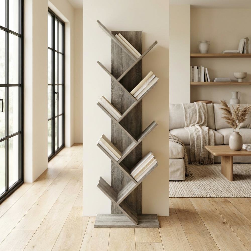 Engineered Wood 9-Tier Bookcase with French Oak Finish for Living Room Storage