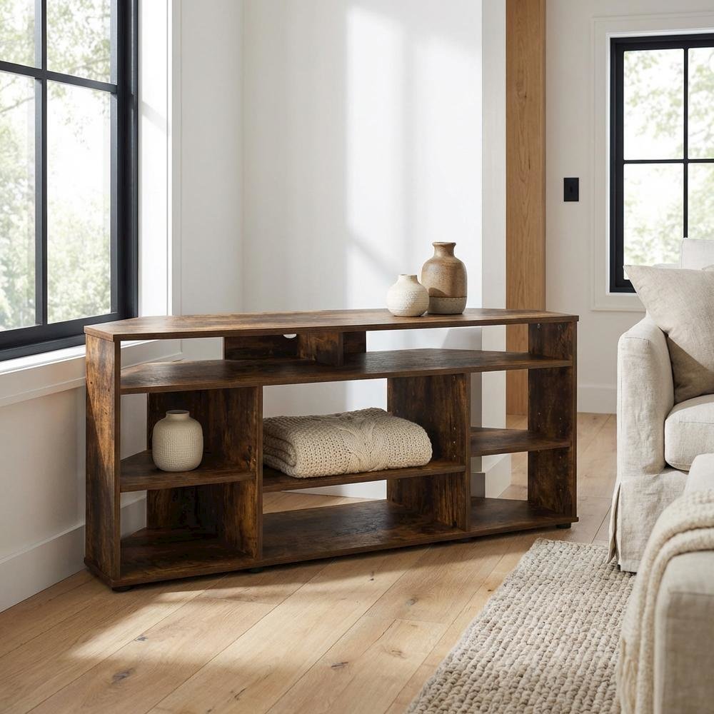 Gold Corner TV Stand for Up to 55-Inch Screens, Rubberwood & Walnut Veneers