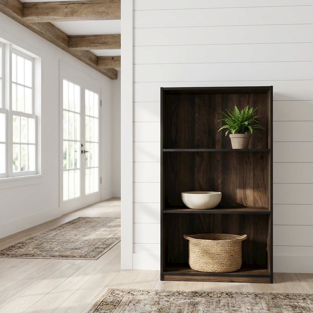 Engineered Wood 3-Tier Bookcase with Storage Shelves in Walnut and Black Finish