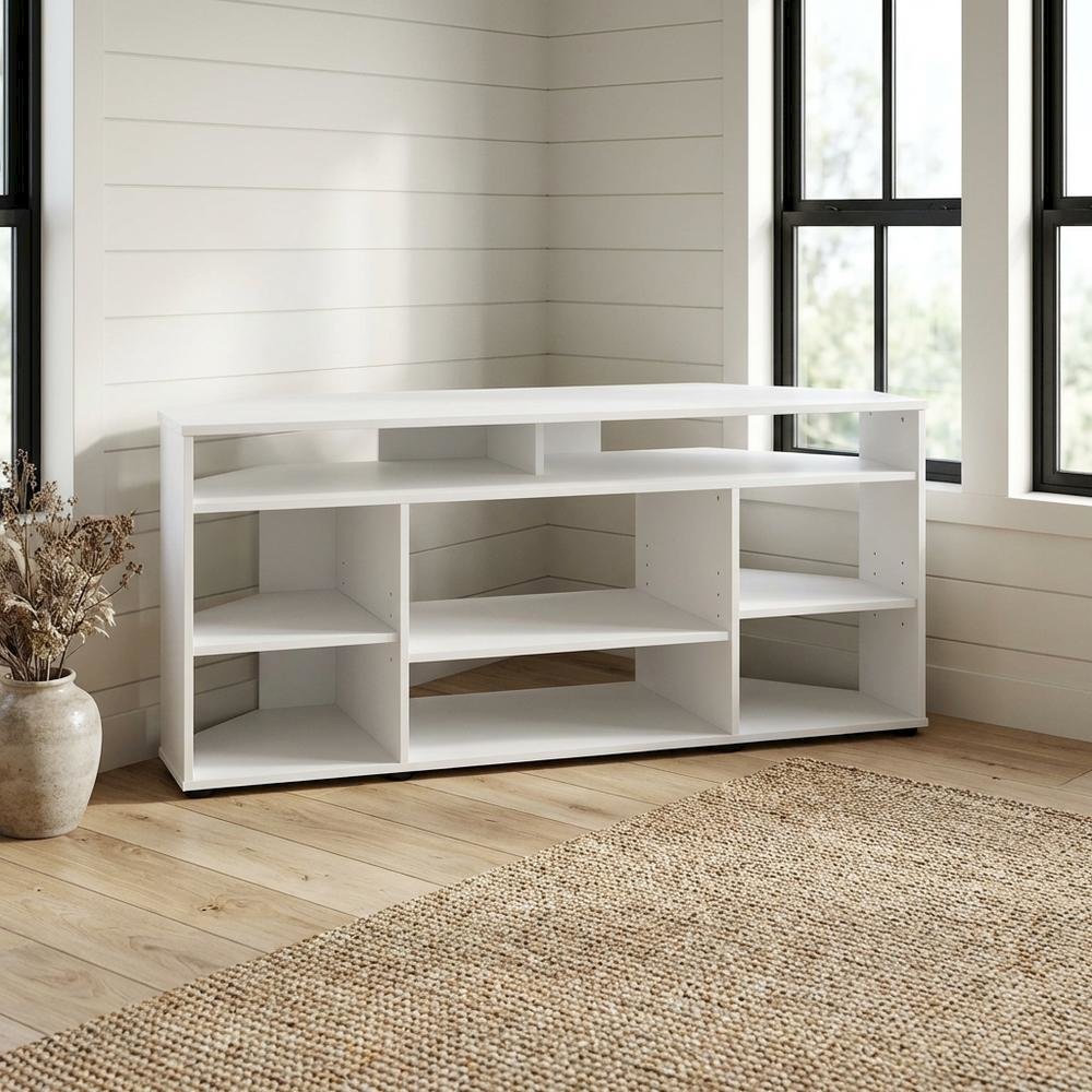 White Corner TV Stand, up to 55-Inch Flat Screens, Solid Rubberwood