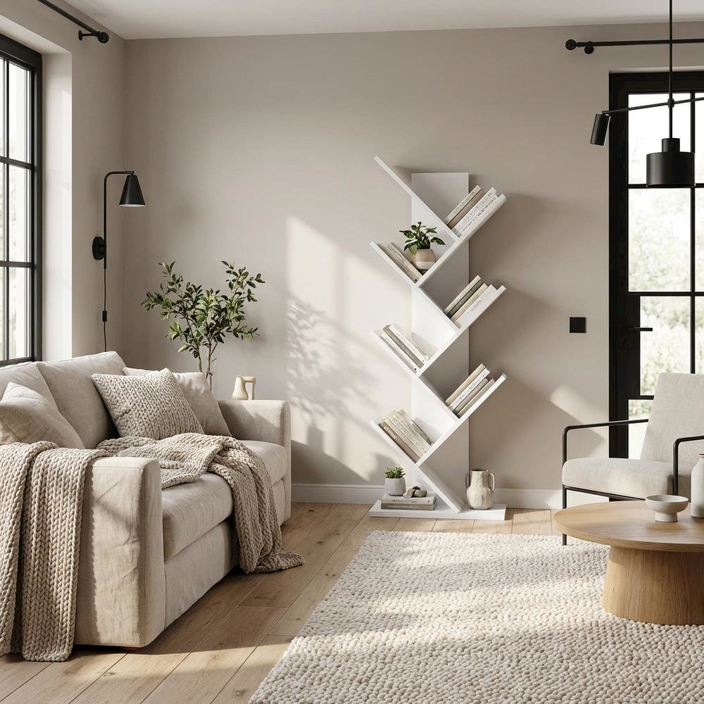 Engineered Wood white bookcase with vertical storage and sleek design