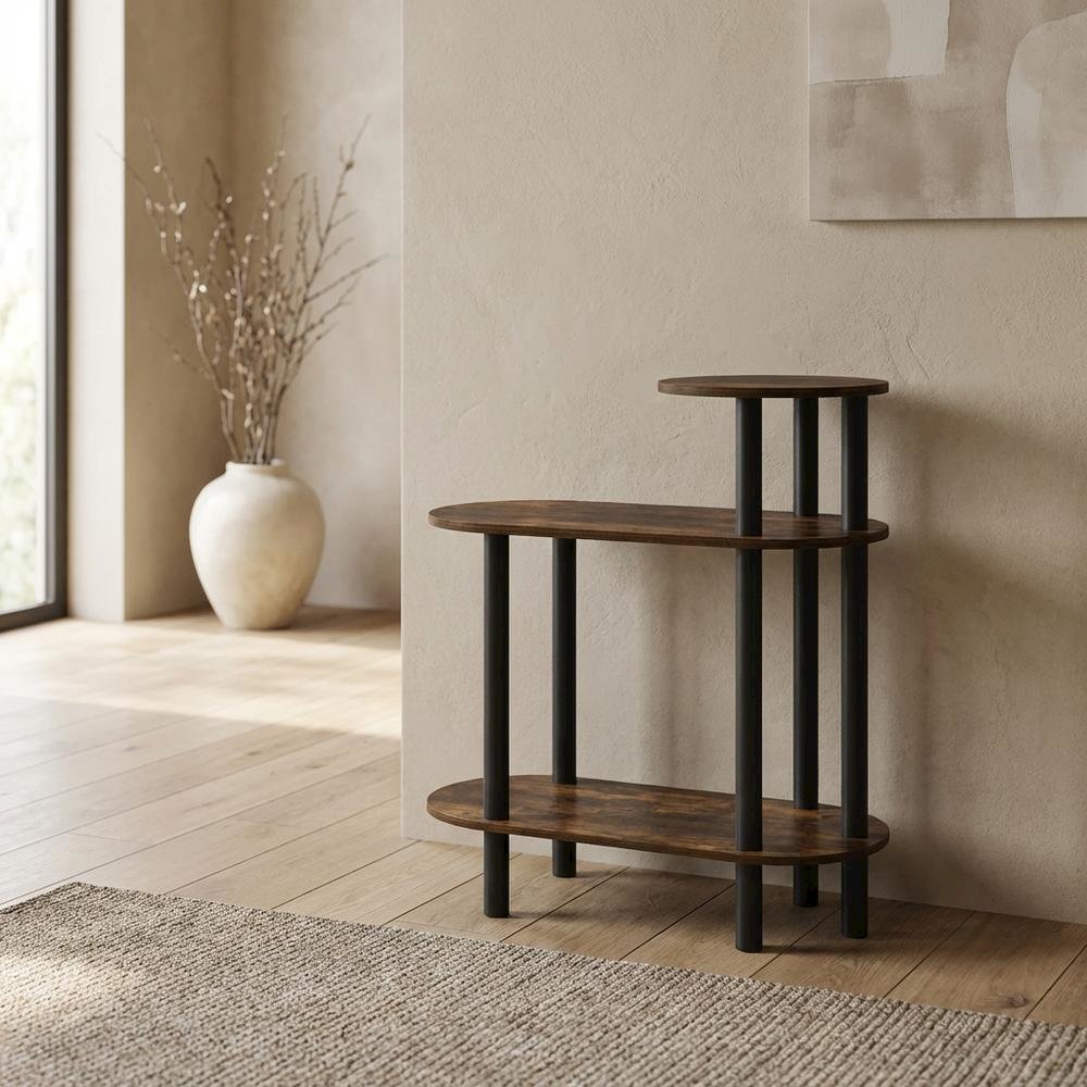 Amber Pine and Black 3-Tier Oval Side Table with Open Shelves for Living Room