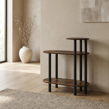 Amber Pine and Black 3-Tier Oval Side Table with Open Shelves for Living Room