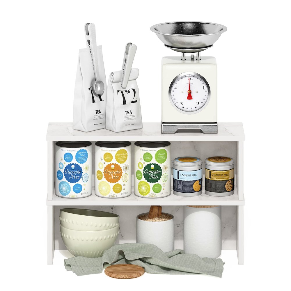 Helena 18-Inch Kitchen Counter Stackable Organizer Shelf, Marble White, Set of 2