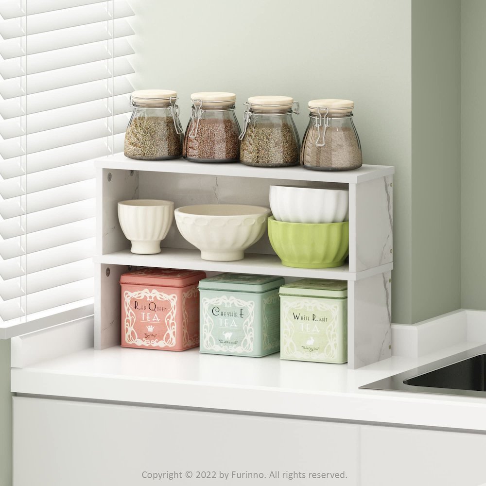 Helena 18-Inch Kitchen Counter Stackable Organizer Shelf, Marble White, Set of 2